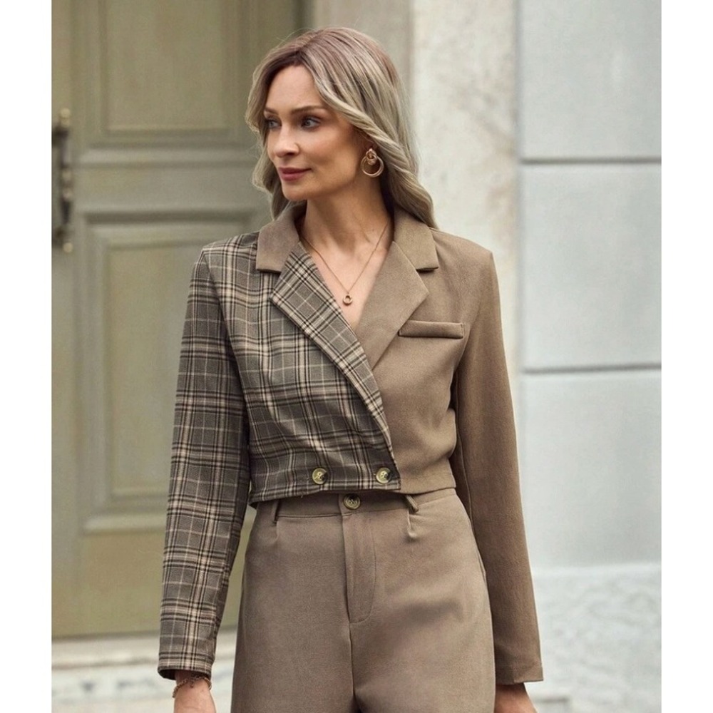 SHEIN Women Brown Plaid Split Colorblock Cropped Blazer Jacket Tan Neutral Plaid